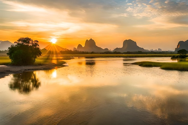 Photo coucher de soleil sur un lac avec des montagnes en arrière-plan