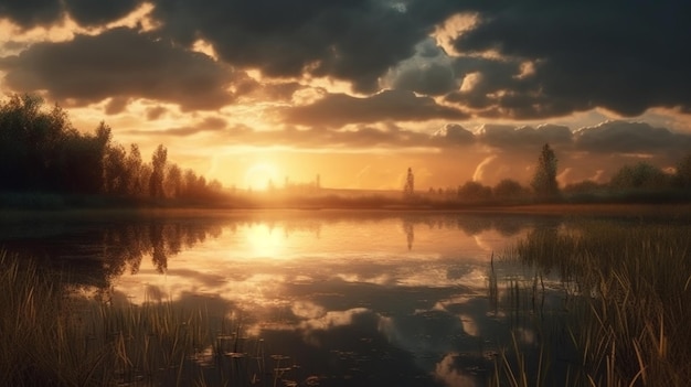 Un coucher de soleil sur un lac avec des nuages et une ai générative du coucher du soleil