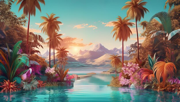 Photo un coucher de soleil sur un lac avec des palmiers et des montagnes