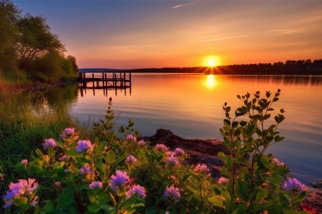 Un coucher de soleil sur un lac avec un quai et des fleurs