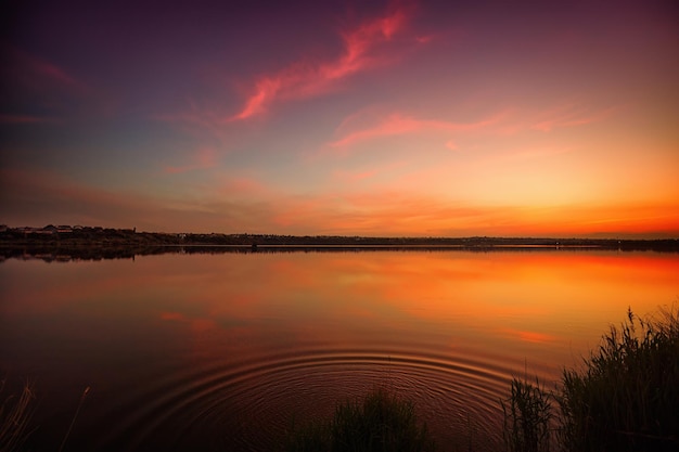 Coucher de soleil sur le lac avec un reflet miroir de l'eau miroir des nuages