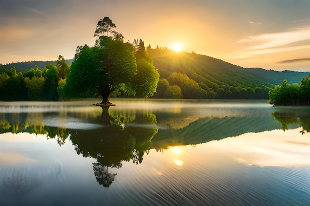 un coucher de soleil sur un lac