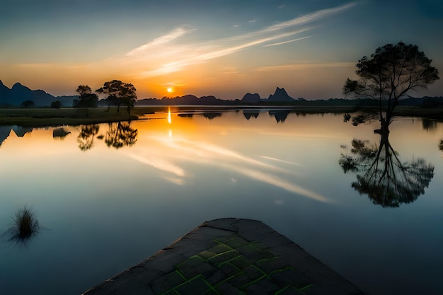un coucher de soleil sur un lac
