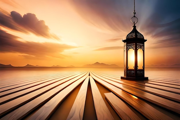 Un coucher de soleil avec une lanterne sur le toit