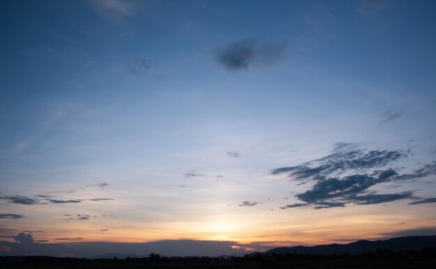 Coucher de soleil et lever de soleil colorés avec des nuages. Couleur bleue et orange de la nature. Beaucoup de nuages blancs dans le ciel bleu. Le temps est clair aujourd'hui. Coucher de soleil dans les nuages. Le ciel est crépusculaire.