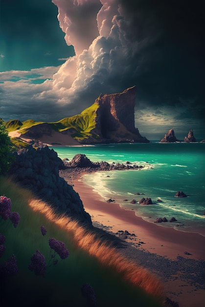 Coucher de soleil sur un littoral de plage de mer sauvage et sable Vagues et surf de la mer sur fond de montagnes et de fleurs Aube dans un ciel nuageux illustration 3d