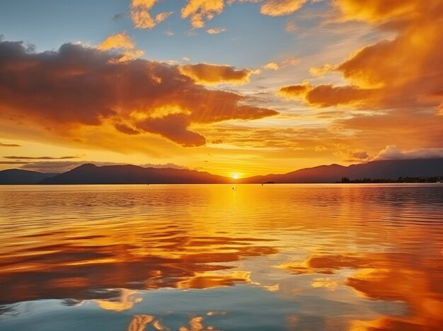 Photo coucher de soleil lumineux sur le lac, les nuages dorés se reflètent dans l'eau