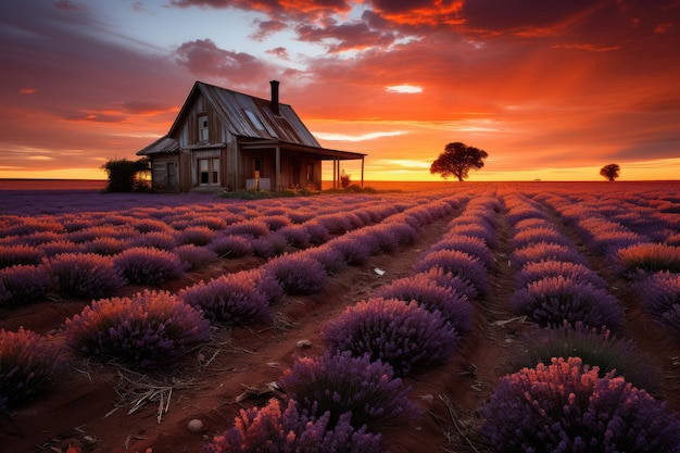 Le coucher de soleil magique sur un champ de lavande génératif IA