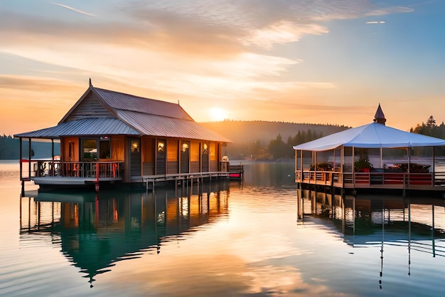 Un coucher de soleil sur la maison du lac au complexe.