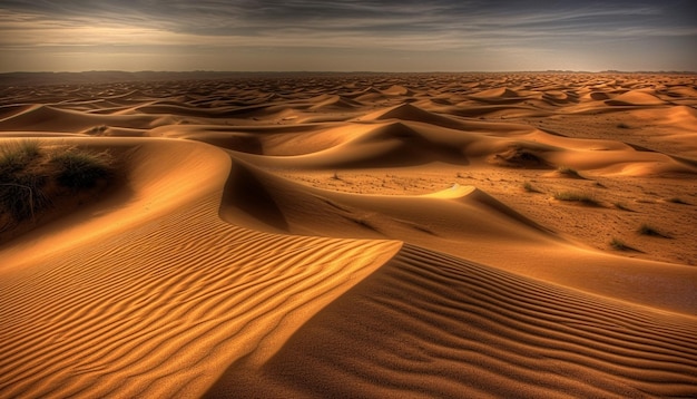 Le coucher de soleil sur les majestueuses dunes de sable une beauté tranquille dans la nature générée par l'intelligence artificielle