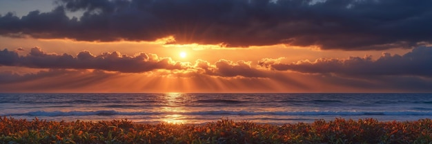 Un coucher de soleil majestueux sur l'océan avec la lumière du soleil regardant à travers les nuages IA générative