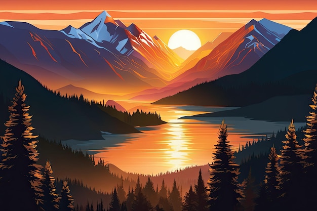 Un coucher de soleil majestueux sur un paysage montagneux en couches