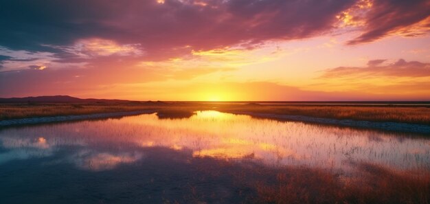 Un coucher de soleil sur un marais avec un ciel rose et un nuage violet.