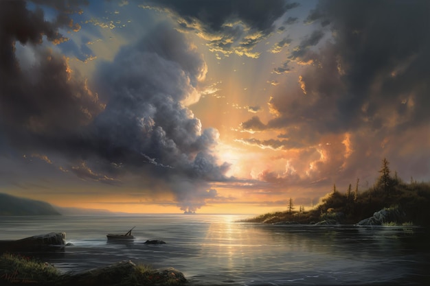 Un coucher de soleil sur la mer avec un bateau sur l'eau