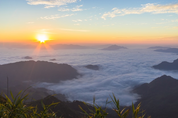 Coucher de soleil et mer de brume ou de brouillard