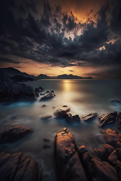 Un coucher de soleil sur la mer avec un ciel nuageux et des montagnes en arrière-plan.