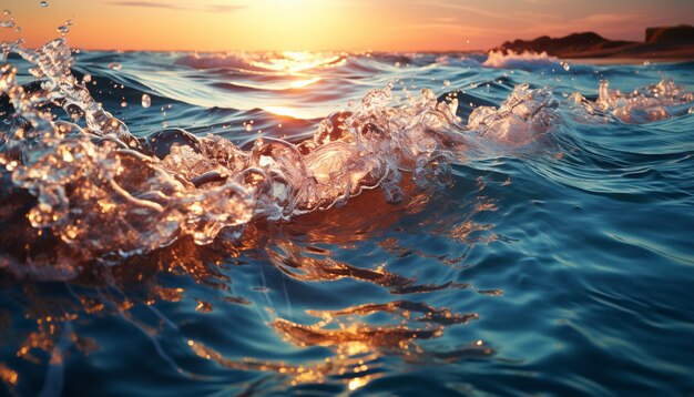 Photo le coucher de soleil sur la mer tranquille, les vagues éclaboussant sur la côte sablonneuse générée par l'intelligence artificielle.