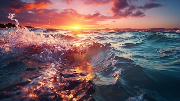Le coucher de soleil en mer avec les vagues qui s'écrasent contre le rivage