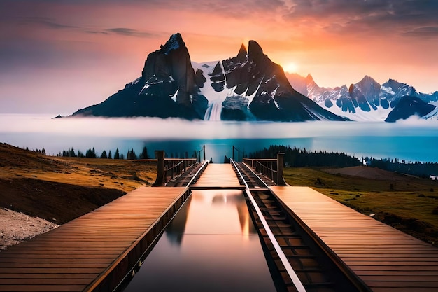 Photo un coucher de soleil avec une montagne en arrière-plan