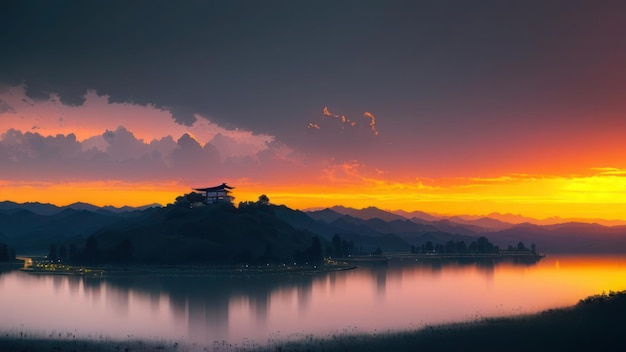 Un coucher de soleil sur une montagne avec un château sur la colline