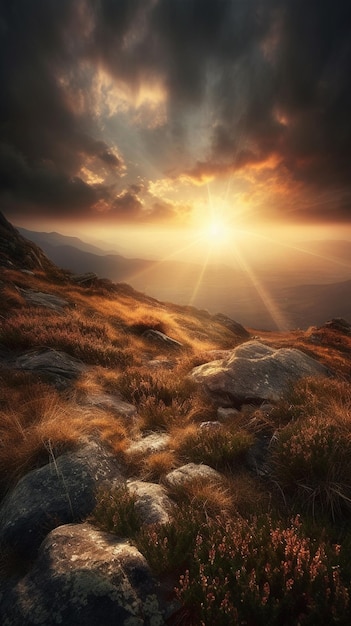 Un coucher de soleil sur une montagne avec un ciel nuageux