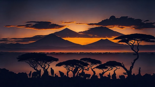 Coucher de soleil sur la montagne du Kilimandjaro en Tanzanie et au Kenya voyage concept d'idée de vacances de vacances d'été