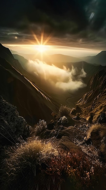 Un coucher de soleil sur une montagne avec des nuages et du soleil qui brille à l'horizon.