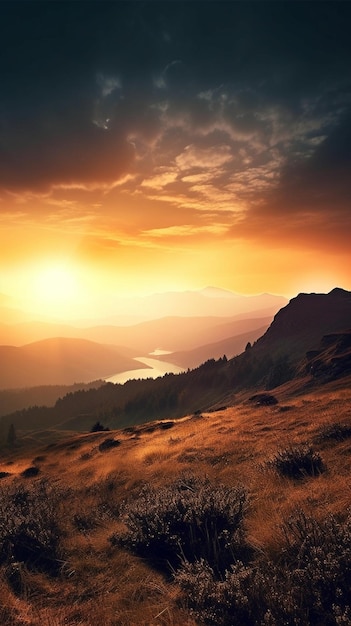 Un coucher de soleil sur une montagne avec une rivière au premier plan