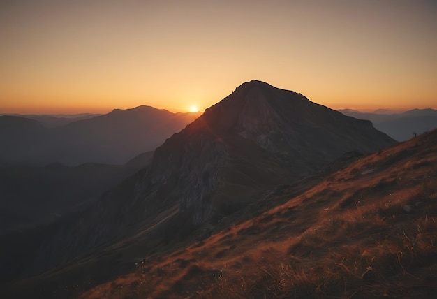 un coucher de soleil sur une montagne avec le soleil qui se couche derrière lui