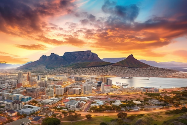 Coucher de soleil sur la montagne de la Table et le centre-ville du Cap Afrique du Sud Vue panoramique aérienne du paysage urbain du Cap au coucher du soleil AI généré