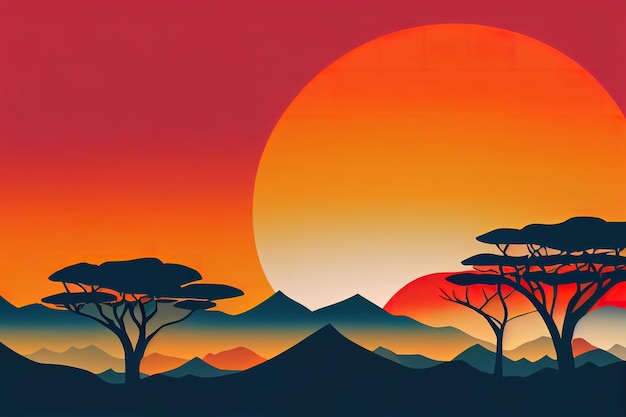 Un coucher de soleil avec des montagnes et des arbres en arrière-plan.