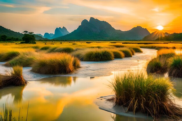 un coucher de soleil avec des montagnes en arrière-plan et un lac en premier plan