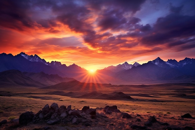 Photo un coucher de soleil avec des montagnes en arrière-plan et le soleil brillant à travers les nuages