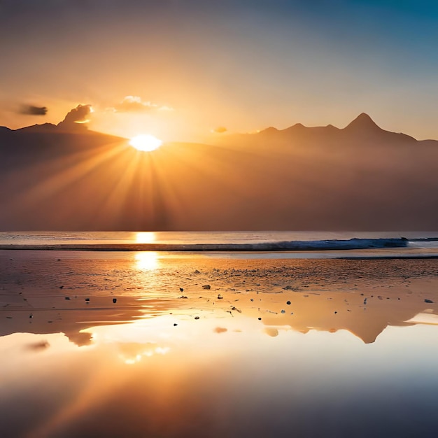 Un coucher de soleil avec des montagnes en arrière-plan et le soleil qui brille à l'horizon.