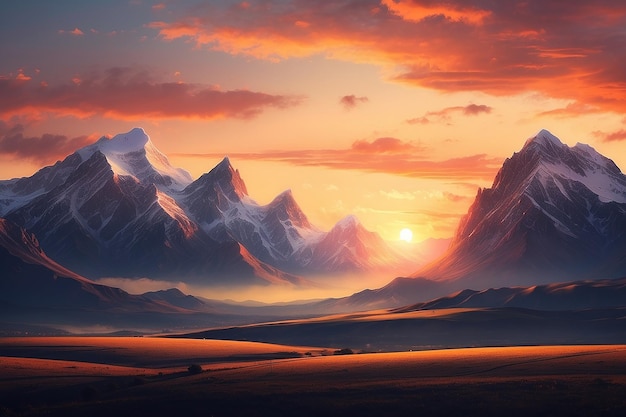 Un coucher de soleil avec des montagnes en arrière-plan