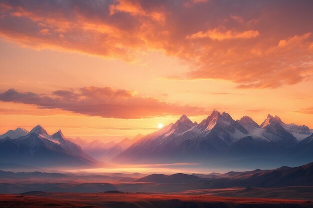 Un coucher de soleil avec des montagnes en arrière-plan