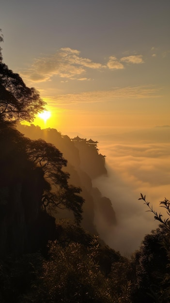 Un coucher de soleil sur les montagnes de Chine