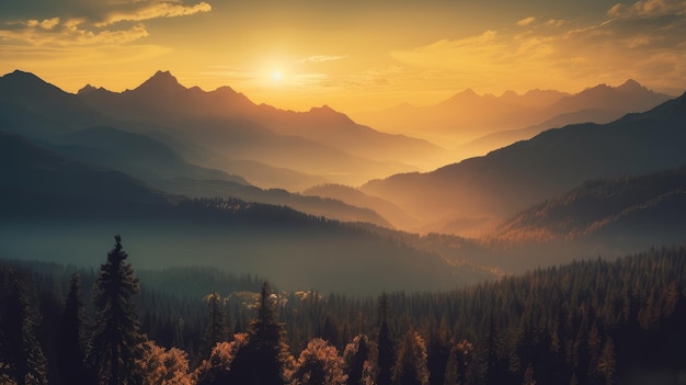 Coucher de soleil sur les montagnes avec un ciel doré et des arbres