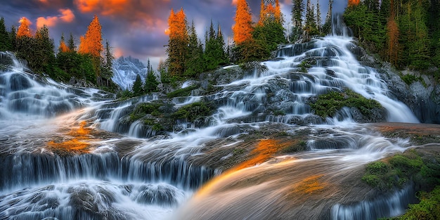 coucher de soleil montagnes glaciers cascades