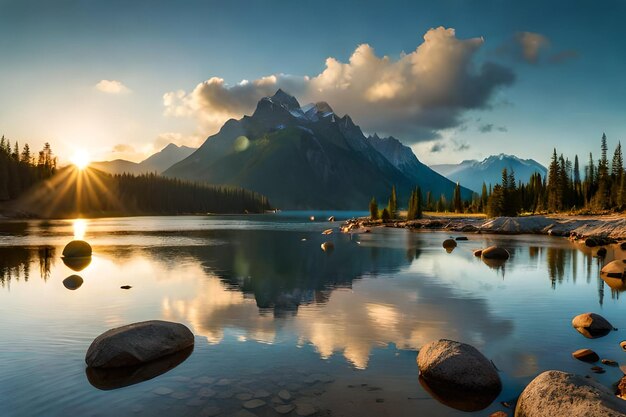 Un coucher de soleil avec des montagnes et un lac en arrière-plan