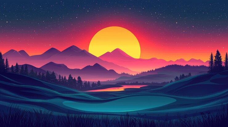 Photo le coucher de soleil sur les montagnes le lac et l'herbe avec le ciel étoilé de la nuit