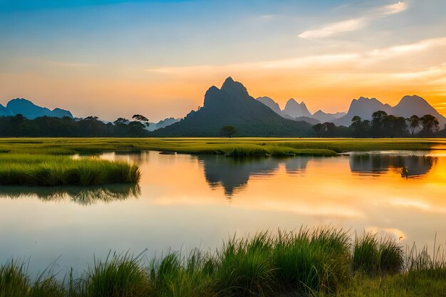 un coucher de soleil avec des montagnes et un lac avec des monts en arrière-plan