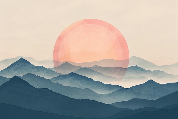 un coucher de soleil sur les montagnes avec un soleil rouge en arrière-plan