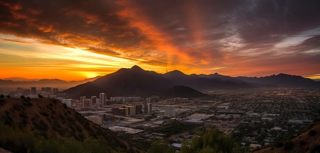 Un coucher de soleil sur les montagnes avec une ville en arrière-plan