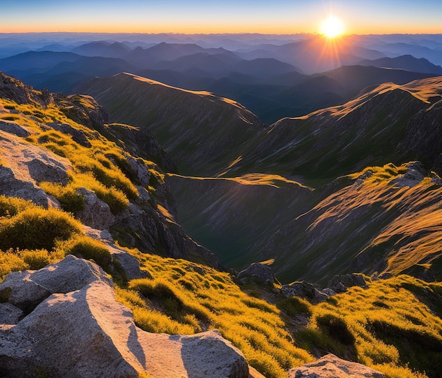 Coucher de soleil sur les montagnes