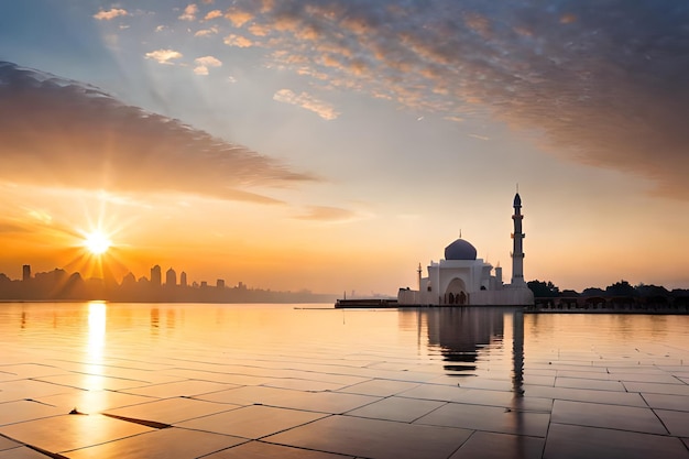 Un coucher de soleil sur une mosquée avec l'horizon de la ville en arrière-plan