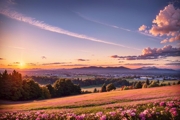 Coucher de soleil sur la nature avec paysage de champs