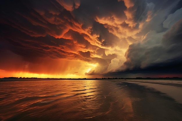 Photo un coucher de soleil avec un nuage d'orage sur l'eau