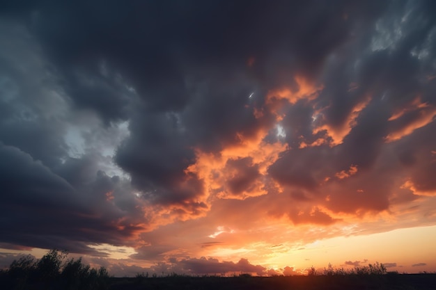 Un coucher de soleil avec des nuages bleus est vu sur un champ