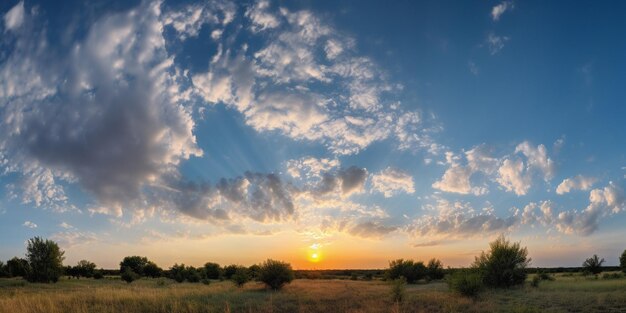 Un coucher de soleil avec des nuages et un ciel bleu